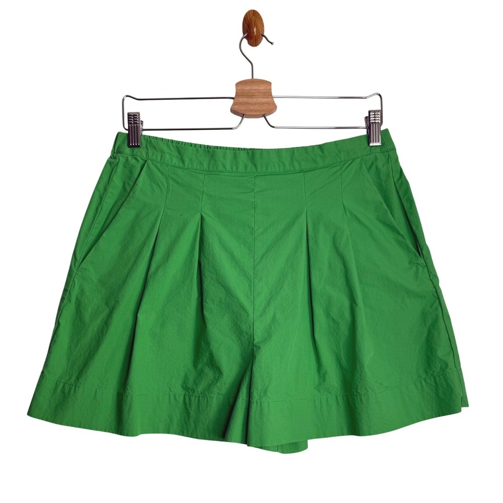 Sezane Pleated Shorts Womens 40 Green Excellent Cotton High Waist Elastic Back